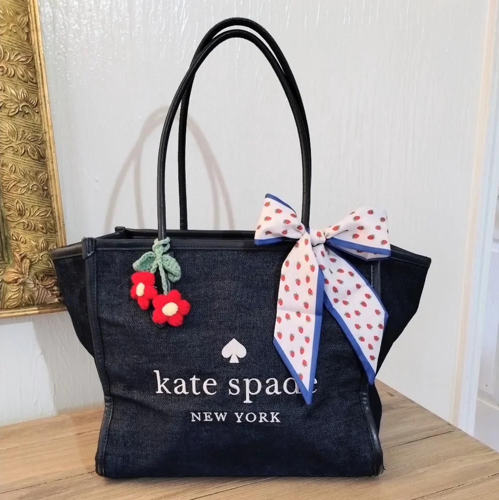 Kate Spade Ella Large Monogram Midnight Blue Denim Tote Bag - Picture 2 of 16
